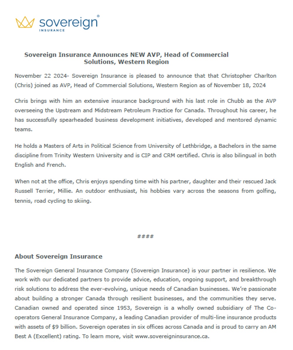 Sov Insurance Sample Sovereign Insurance Announces new AVP, Head of Commercial Solutions ...