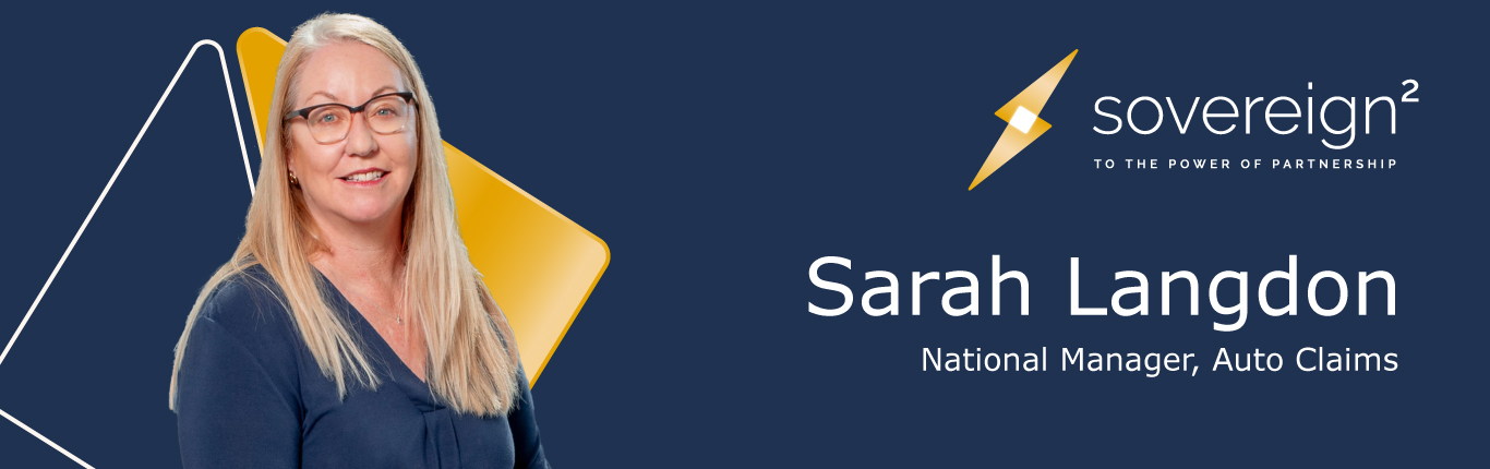 A portrait of Sarah Langdon on a midnight blue and gold background with her name and job title to the right of her image